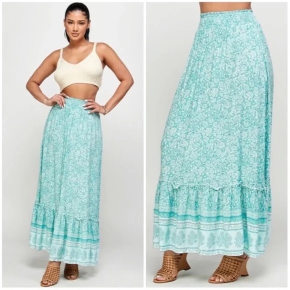 Green Tea Floral Gypsy Boho Bohemian Border Full Length Ruffle Casual Maxi Skirt - Picture 1 of 3